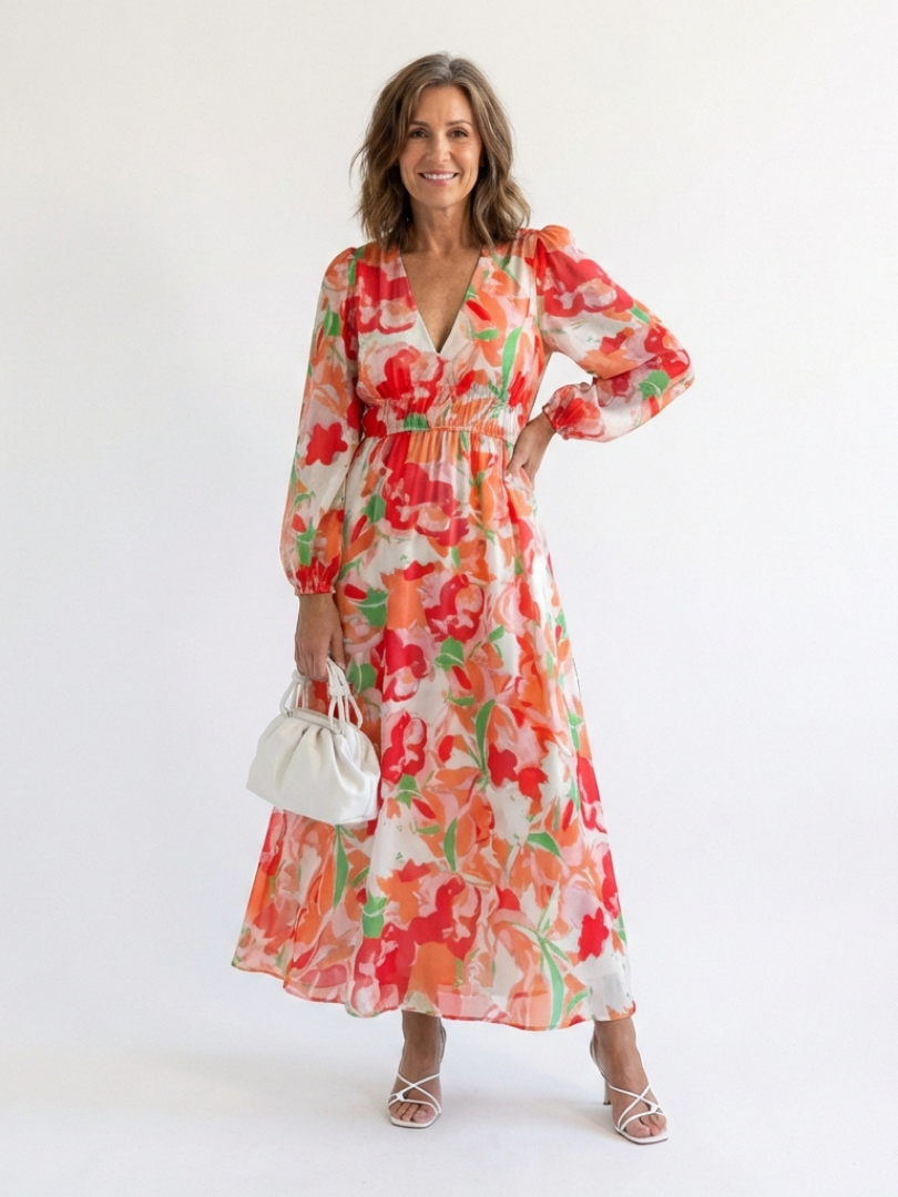 Alecia | Women’s Floral Print V Neck Long Sleeve Maxi Dress