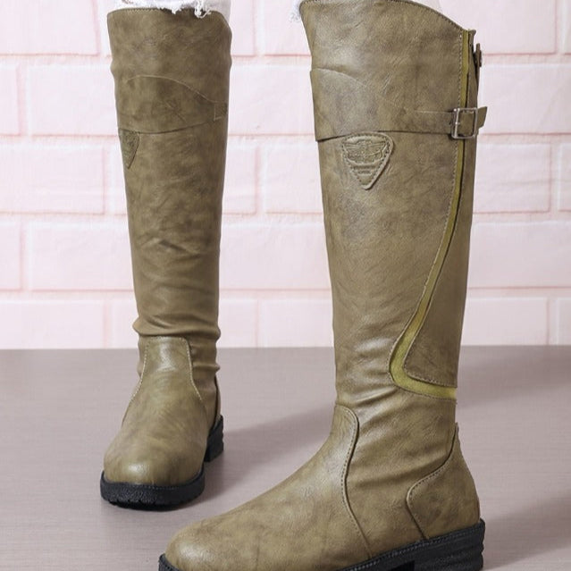 Aleena | Women's Buckled Round Toe Low Block Knee Length Boots
