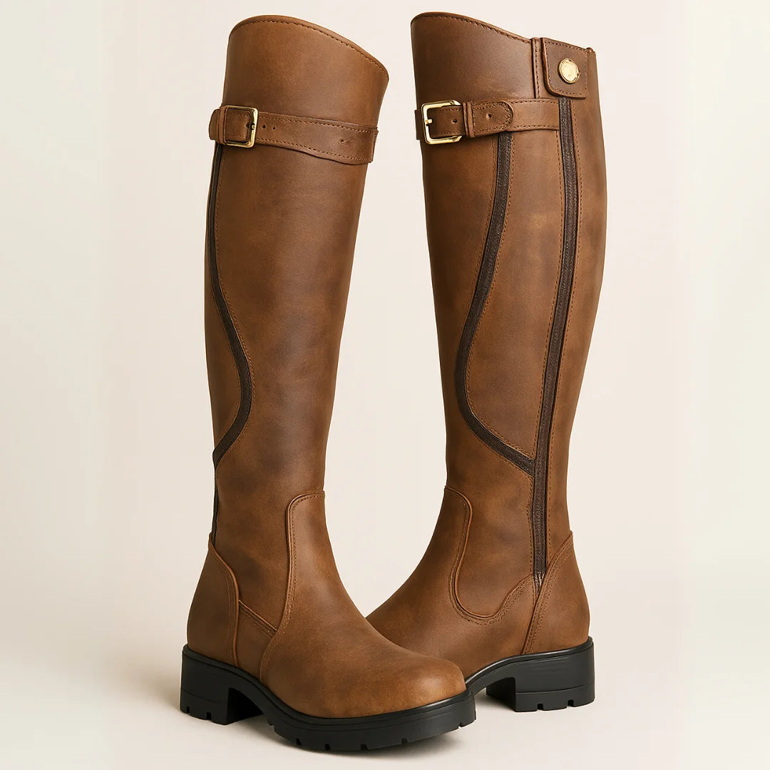 Aleena | Women's Buckled Round Toe Low Block Knee Length Boots