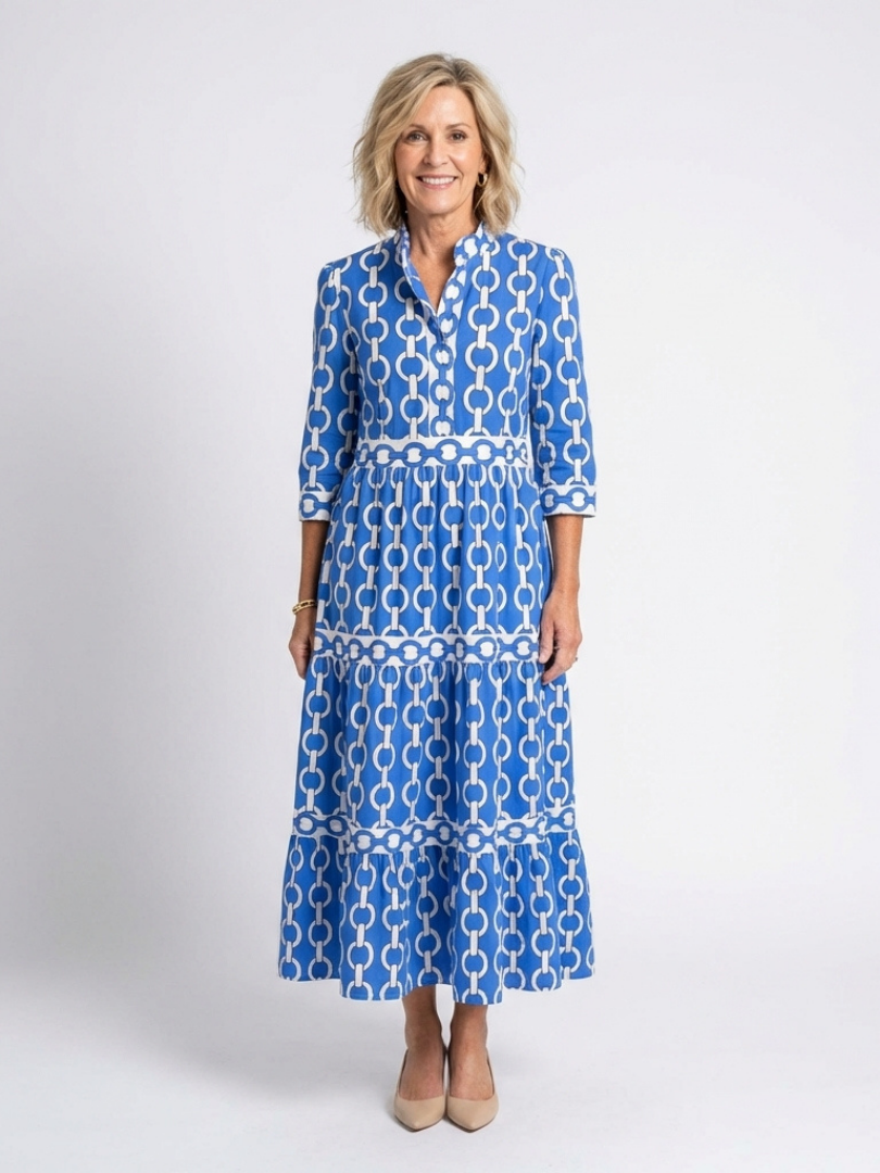 Alesha | Women’s Collared Chain Print Tiered Midi Dress