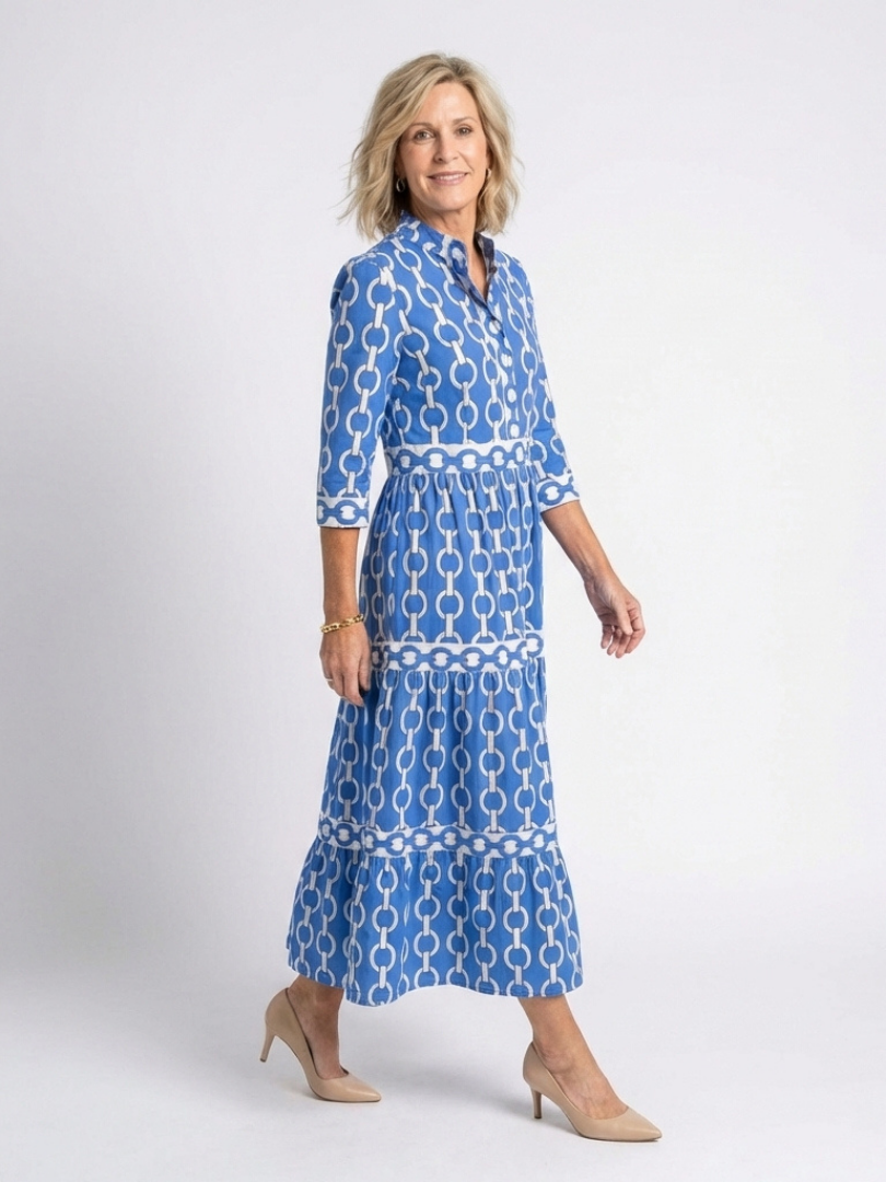 Alesha | Women’s Collared Chain Print Tiered Midi Dress