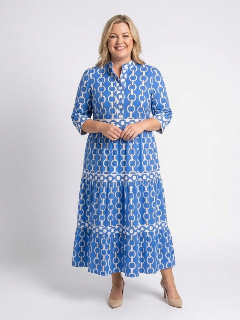 Alesha | Women’s Collared Chain Print Tiered Midi Dress