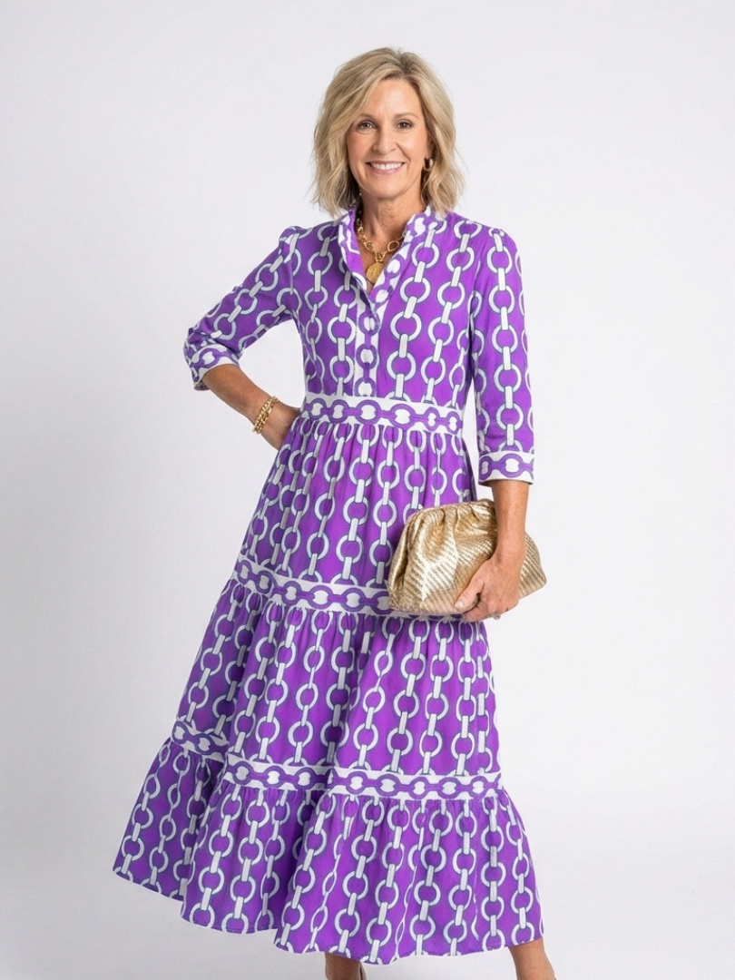 Alesha | Women’s Collared Chain Print Tiered Midi Dress