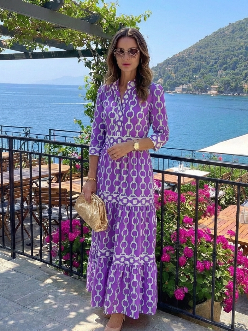 Alesha | Women’s Collared Chain Print Tiered Midi Dress