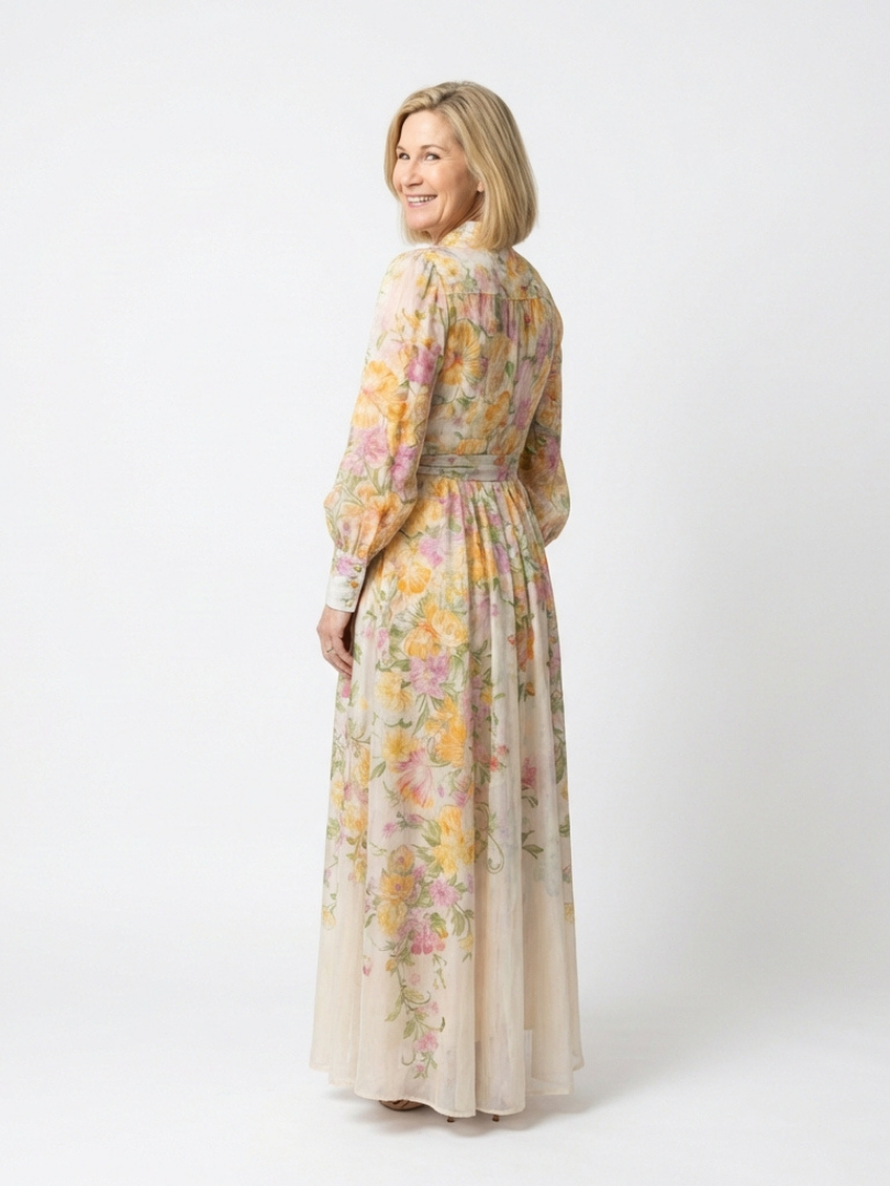 Alesia | Women’s Button Front Sheer Floral Maxi Dress