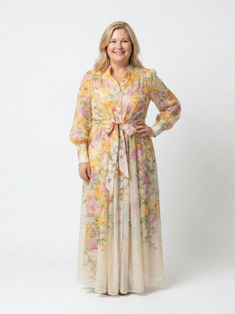 Alesia | Women’s Button Front Sheer Floral Maxi Dress