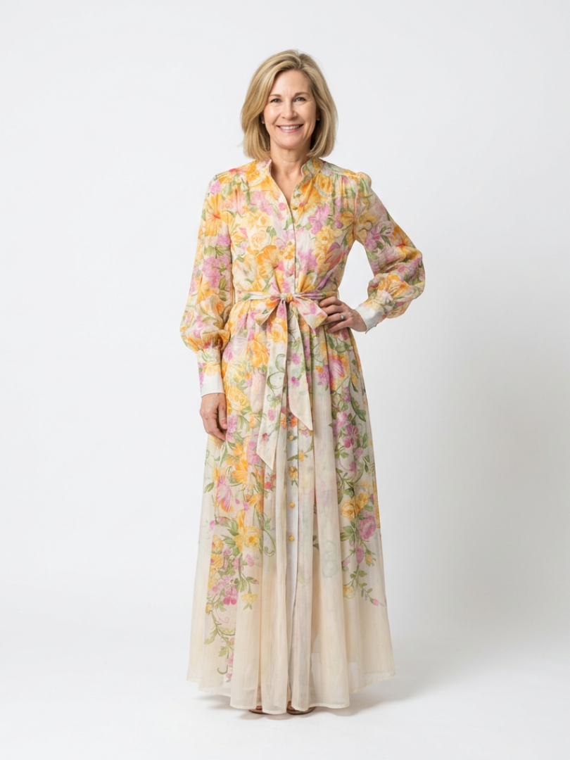 Alesia | Women’s Button Front Sheer Floral Maxi Dress
