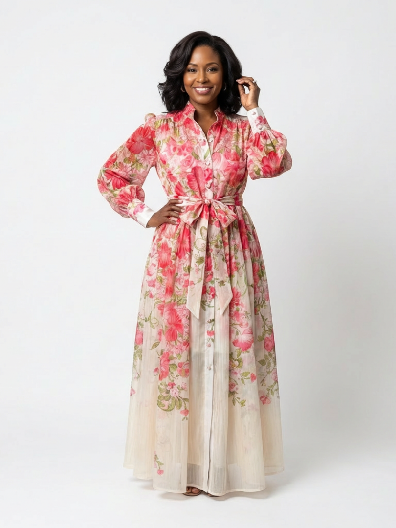 Alesia | Women’s Button Front Sheer Floral Maxi Dress