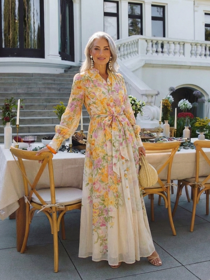 Alesia | Women’s Button Front Sheer Floral Maxi Dress