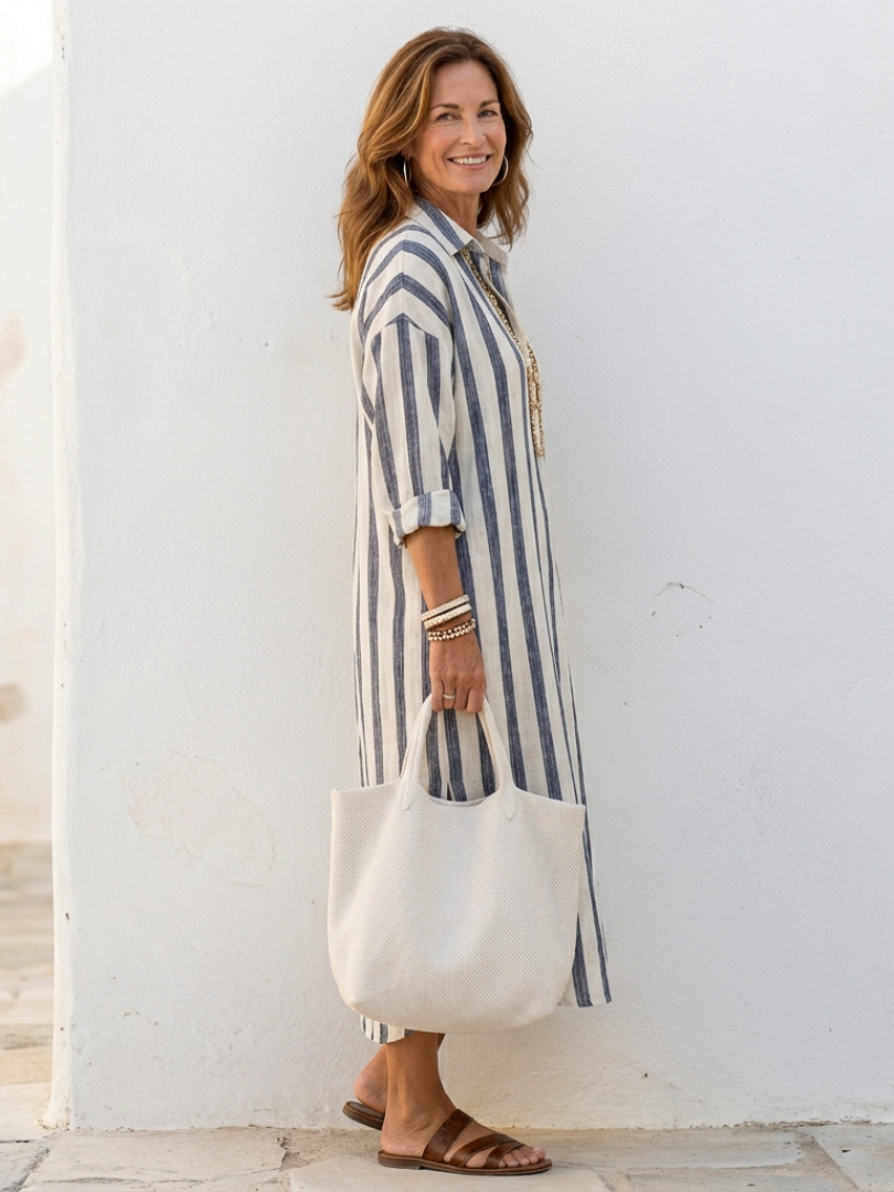 Alethea | Women’s V Neck Long Sleeve Striped Midi Dress