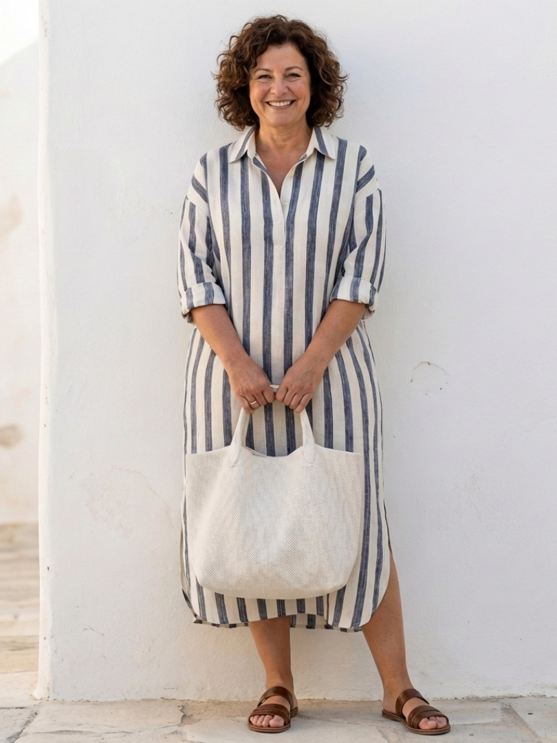 Alethea | Women’s V Neck Long Sleeve Striped Midi Dress
