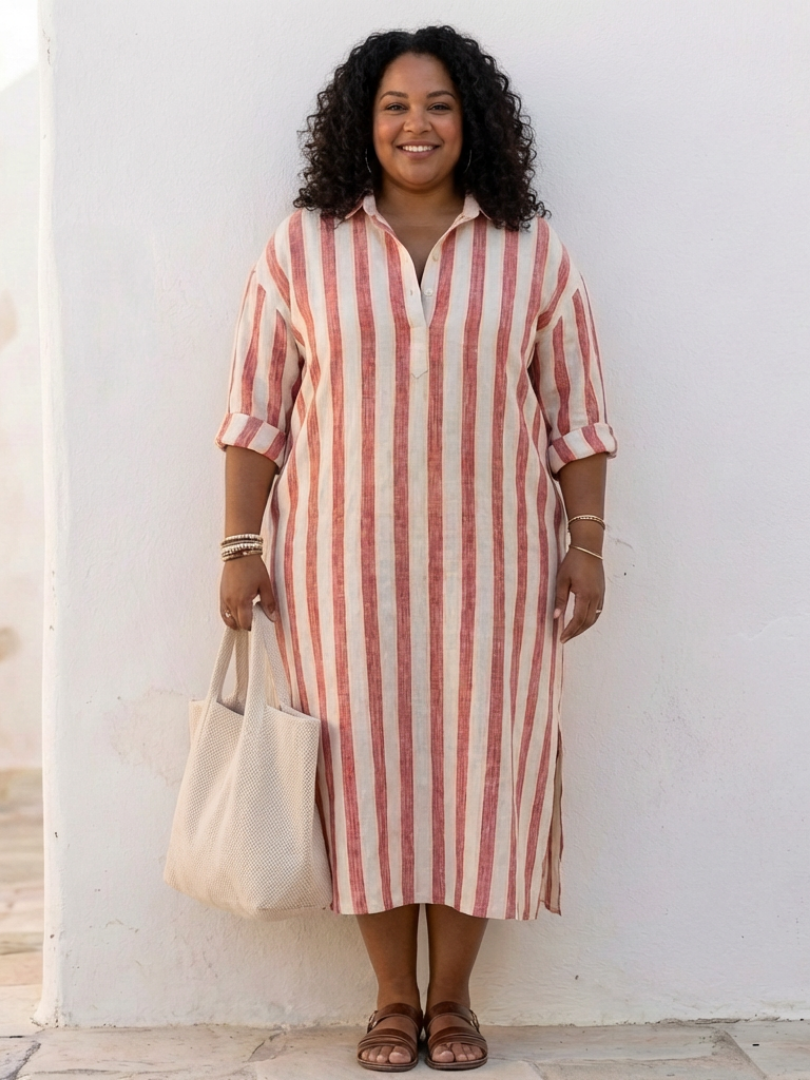 Alethea | Women’s V Neck Long Sleeve Striped Midi Dress