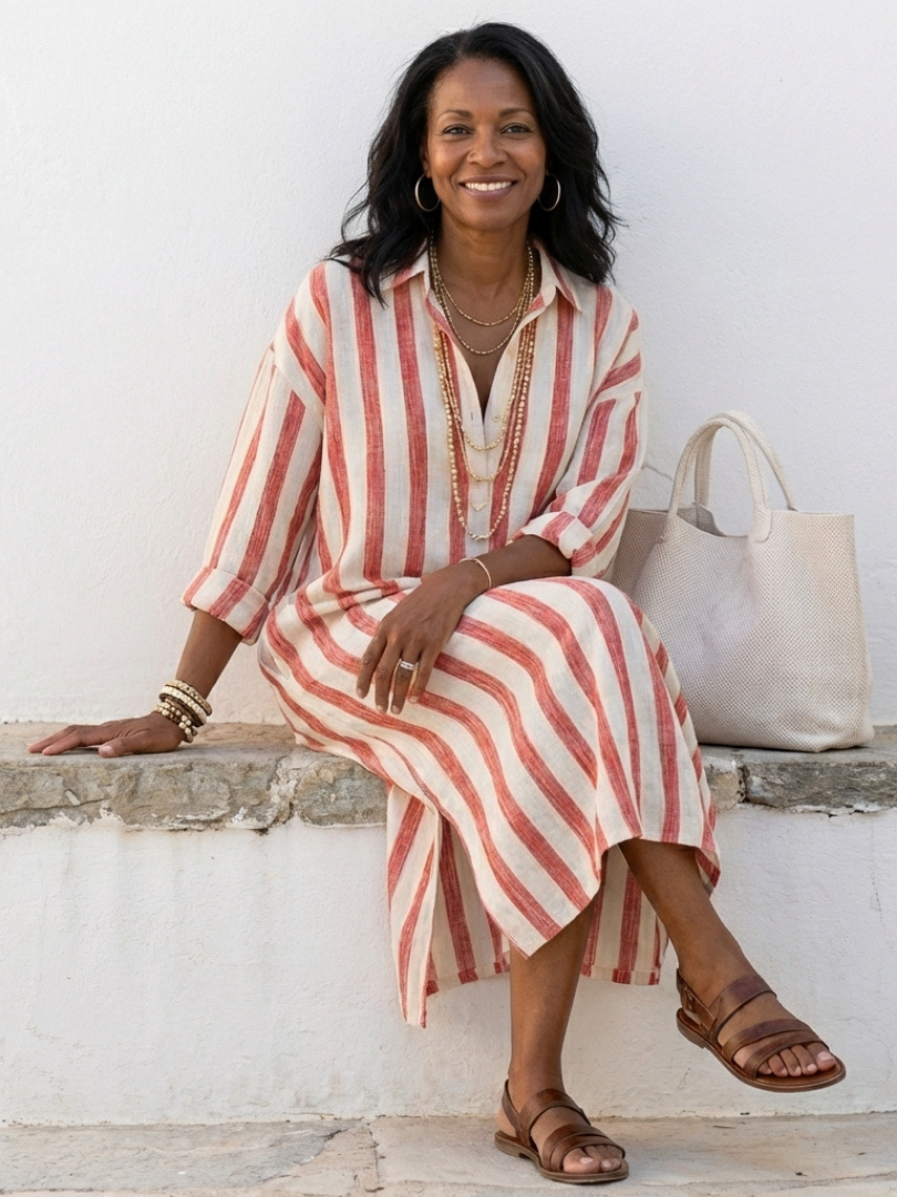 Alethea | Women’s V Neck Long Sleeve Striped Midi Dress