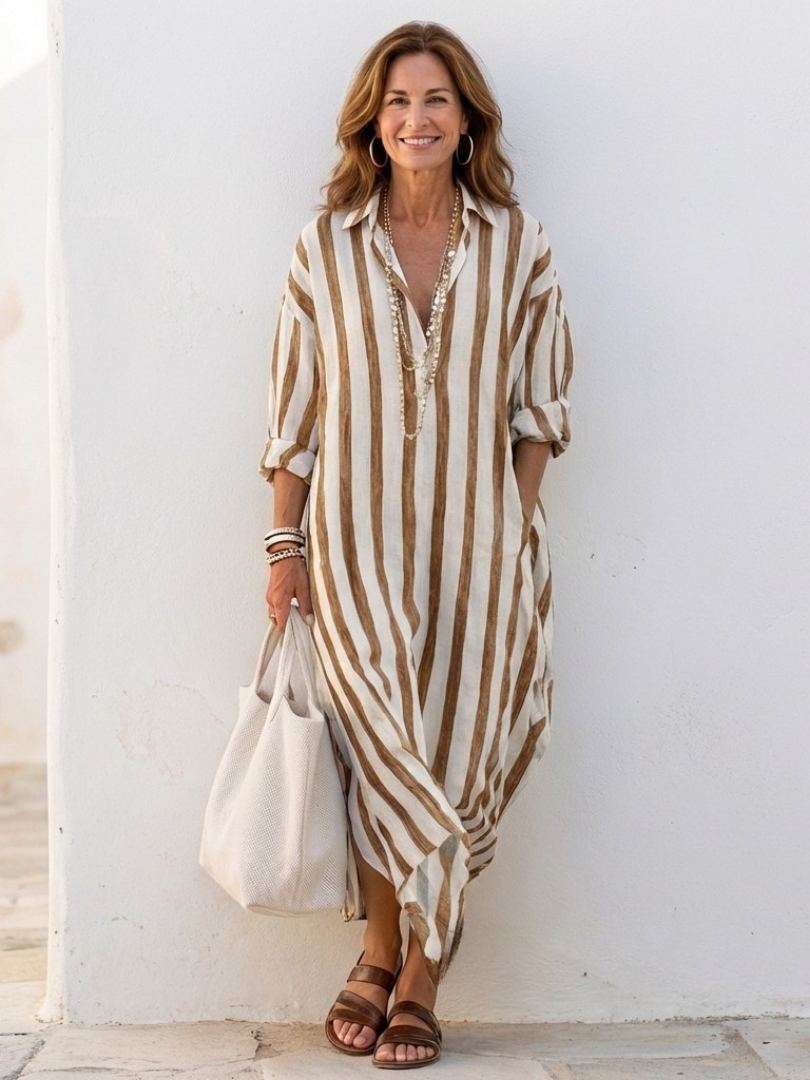 Alethea | Women’s V Neck Long Sleeve Striped Midi Dress