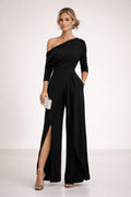 Aleva | Women’s Draped One Shoulder High Slit Party Jumpsuit