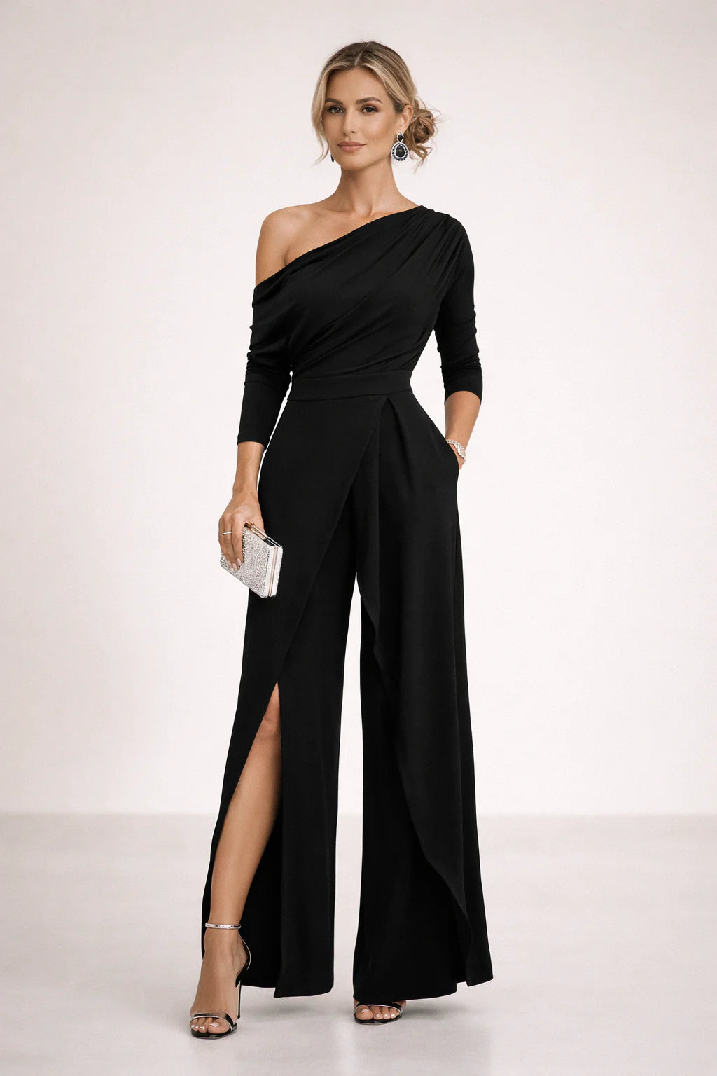 Aleva | Women’s Draped One Shoulder High Slit Party Jumpsuit