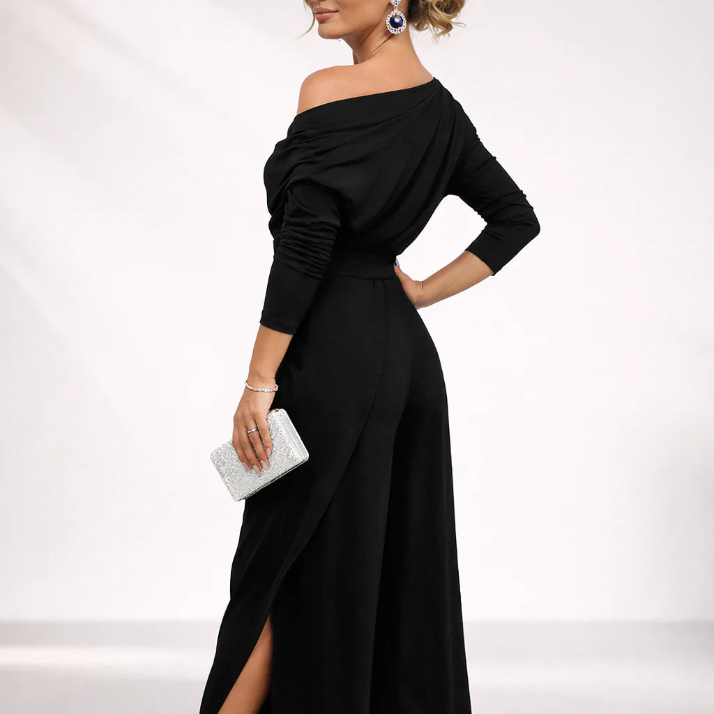 Aleva | Women’s Draped One Shoulder High Slit Party Jumpsuit