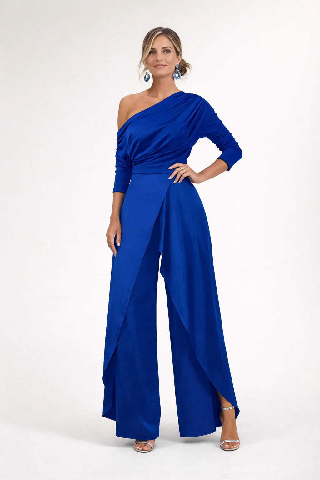 Aleva | Women’s Draped One Shoulder High Slit Party Jumpsuit