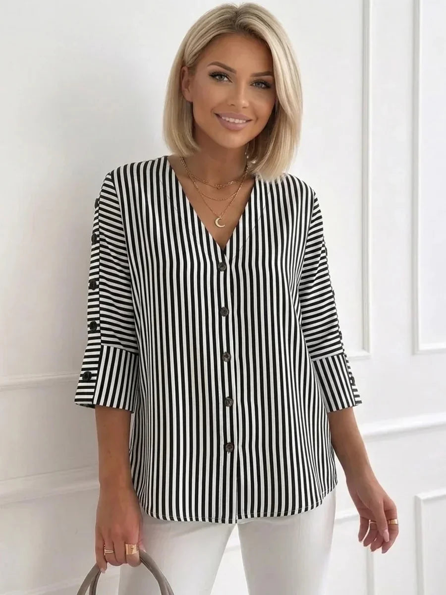 Alexana | Women's Vertical Stripe Button Front V-Neck Blouse