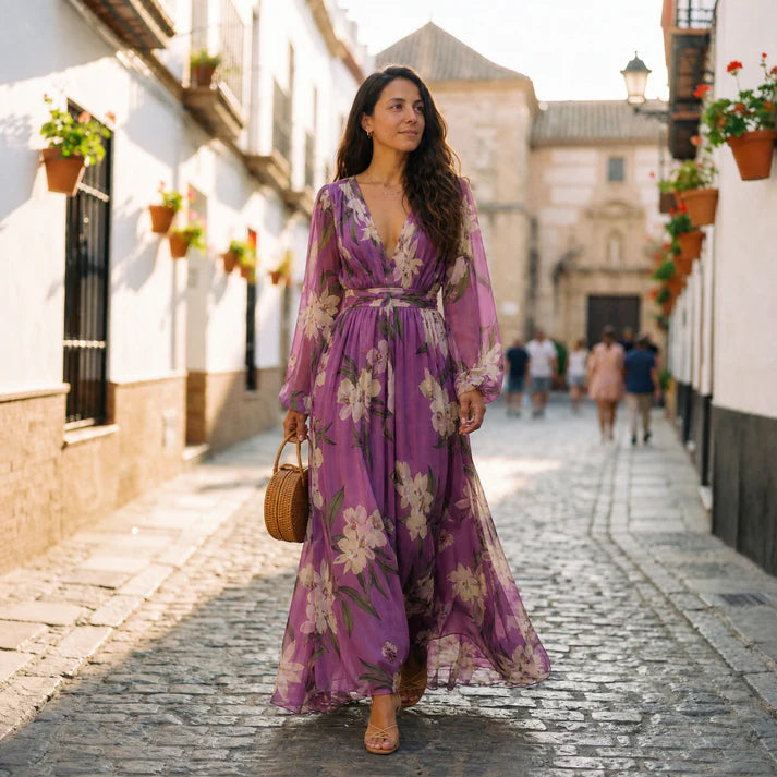 Alexis | Women's Floral V Neck Long Sleeve Flowy Maxi Dress