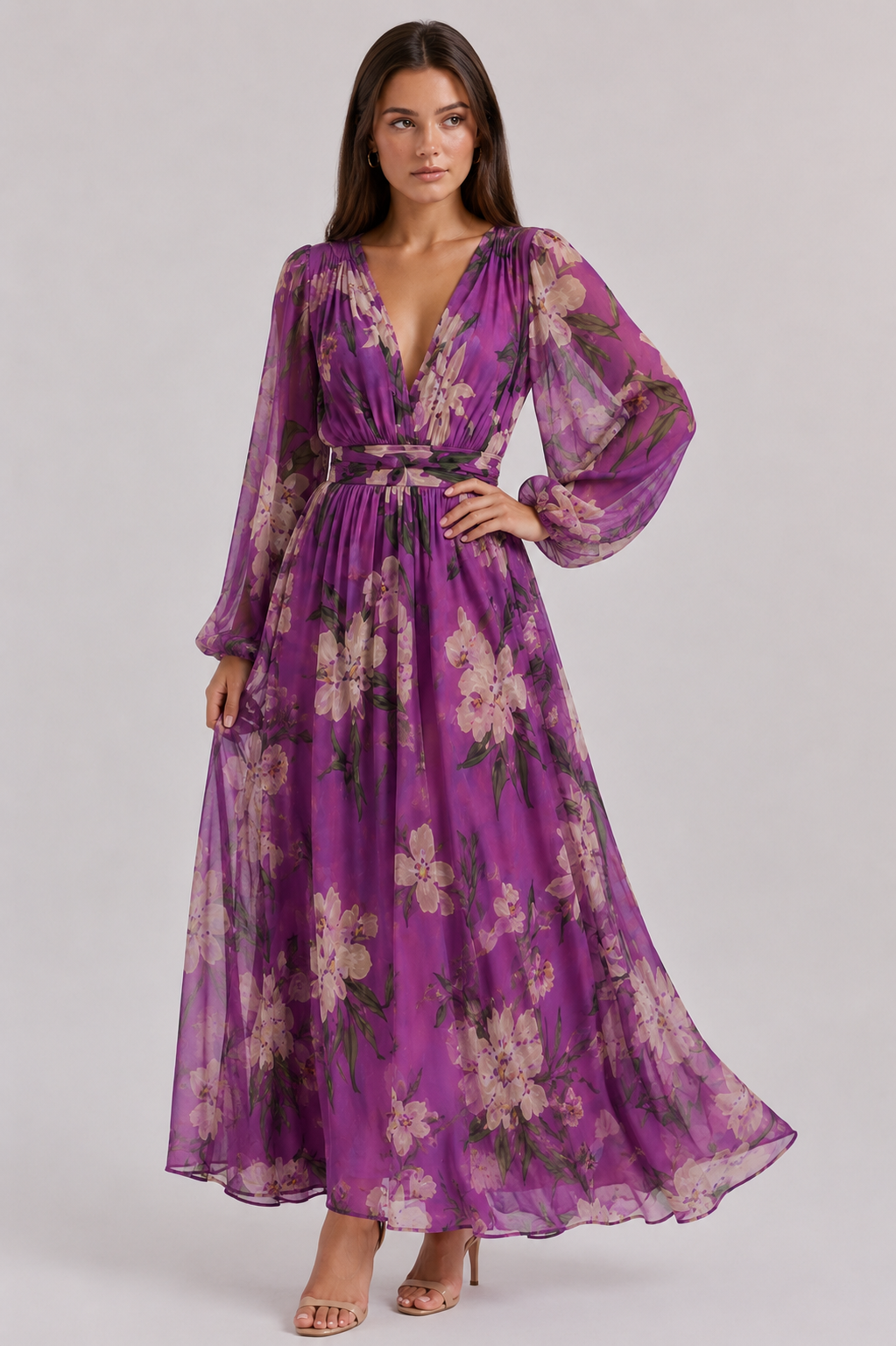 Alexis | Women's Floral V Neck Long Sleeve Flowy Maxi Dress