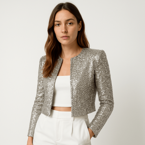 Aleyna | Women's Cropped Length Long Sleeve Sequin Jacket