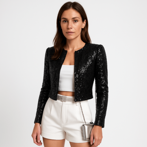 Aleyna | Women's Cropped Length Long Sleeve Sequin Jacket