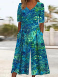 Aleyna | Women's Printed V-Neck Short Sleeve Pocket Jumpsuit