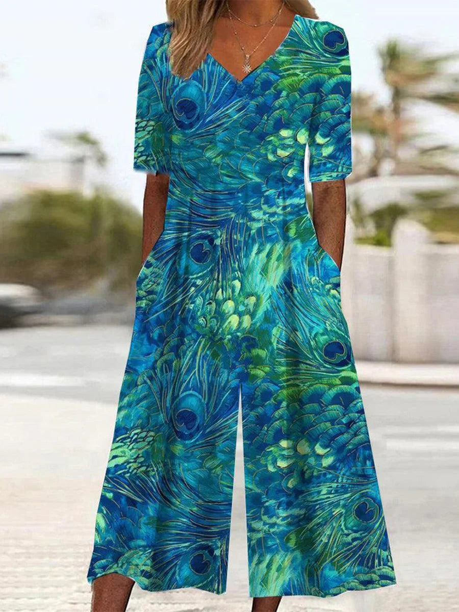 Aleyna | Women's Printed V-Neck Short Sleeve Pocket Jumpsuit