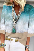 Alianna | Women's Beach Wave Pattern V-Neck Blue Blouse