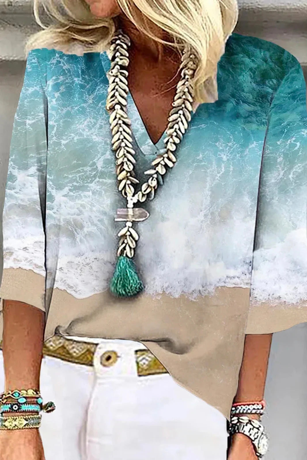 Alianna | Women's Beach Wave Pattern V-Neck Blue Blouse
