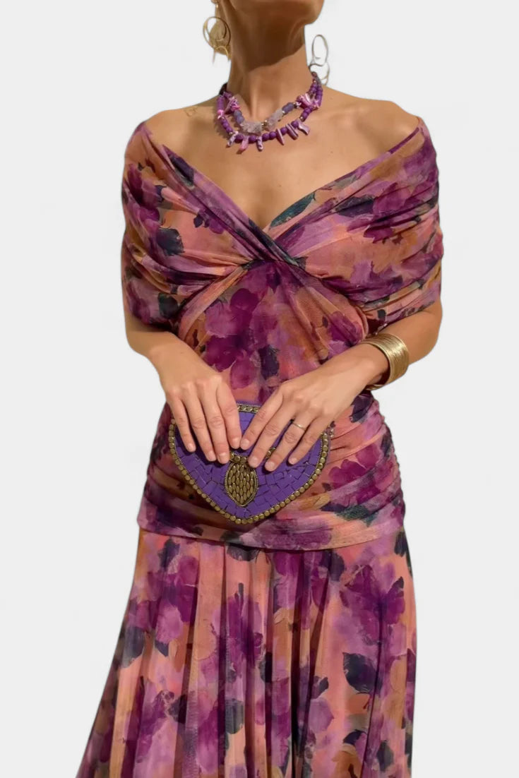 Alice | Women’s Off Shoulder Gathered Waist Pleated Midi Dress