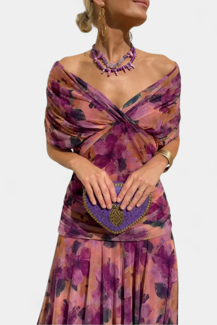 Alice | Women’s Off Shoulder Gathered Waist Pleated Midi Dress