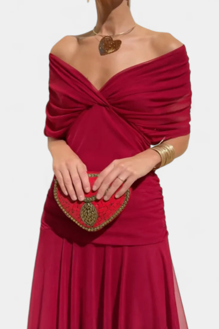 Alice | Women’s Off Shoulder Gathered Waist Pleated Midi Dress