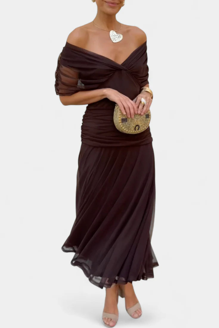 Alice | Women’s Off Shoulder Gathered Waist Pleated Midi Dress