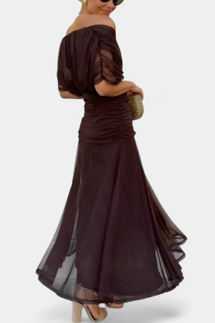 Alice | Women’s Off Shoulder Gathered Waist Pleated Midi Dress