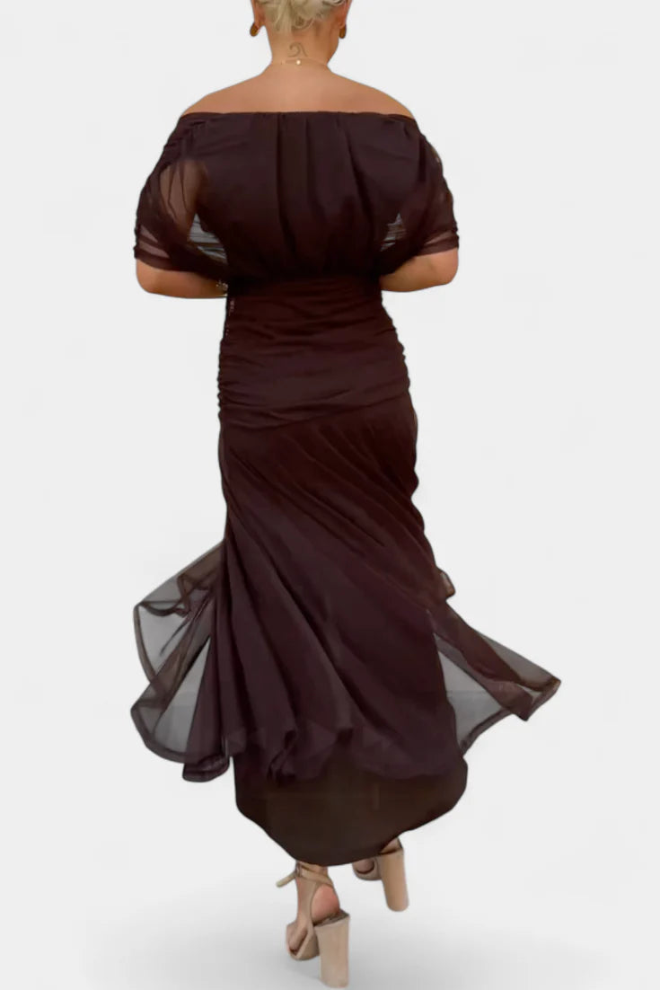 Alice | Women’s Off Shoulder Gathered Waist Pleated Midi Dress