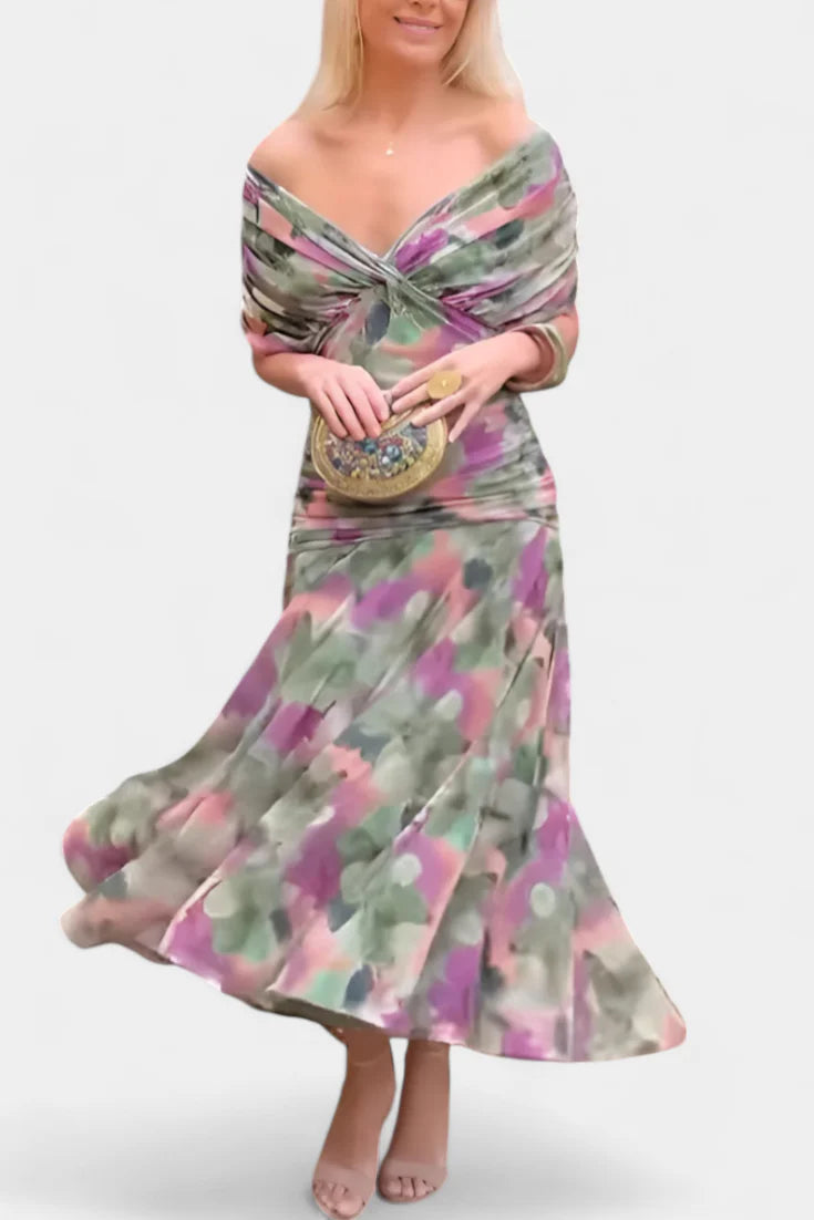 Alice | Women’s Off Shoulder Gathered Waist Pleated Midi Dress