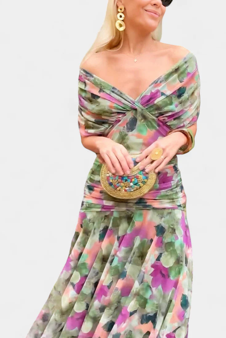 Alice | Women’s Off Shoulder Gathered Waist Pleated Midi Dress