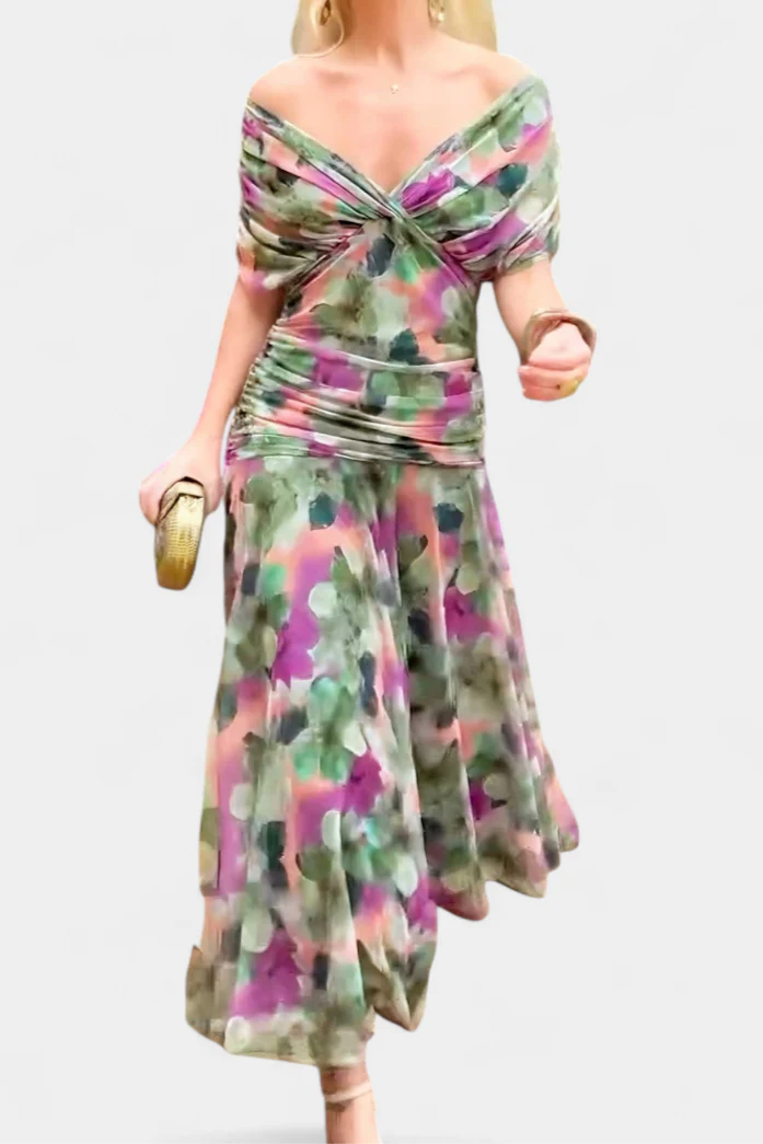 Alice | Women’s Off Shoulder Gathered Waist Pleated Midi Dress