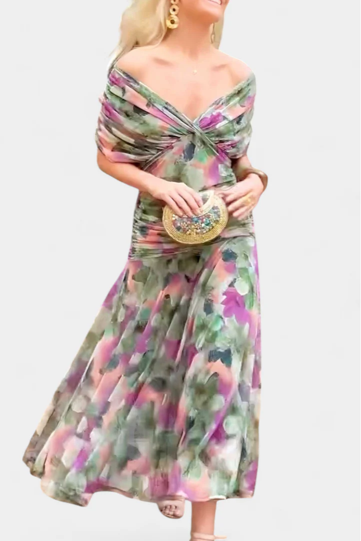 Alice | Women’s Off Shoulder Gathered Waist Pleated Midi Dress