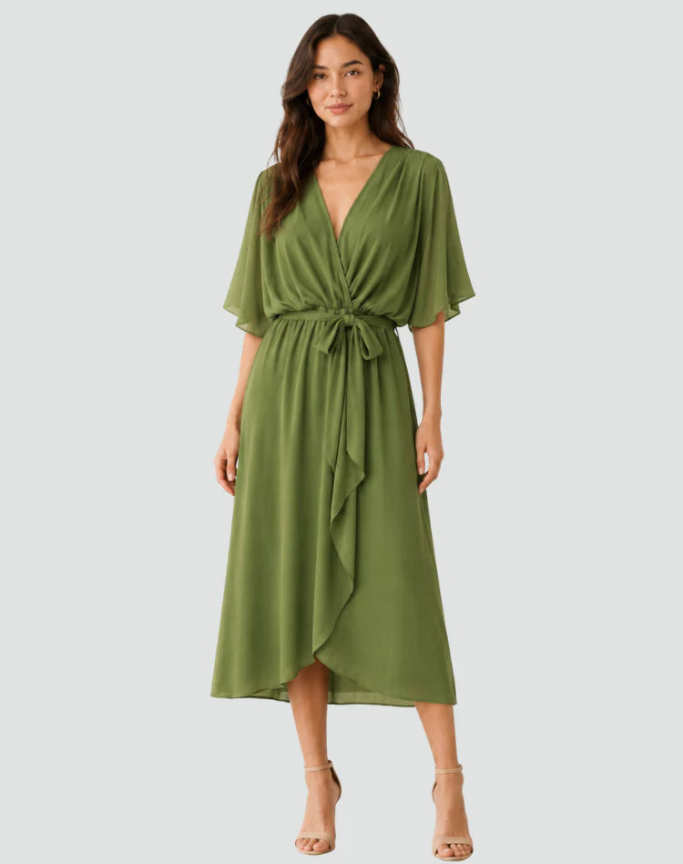 Alinda | Women's Tie Waist Short Sleeve Flowy Wedding Guest Dress