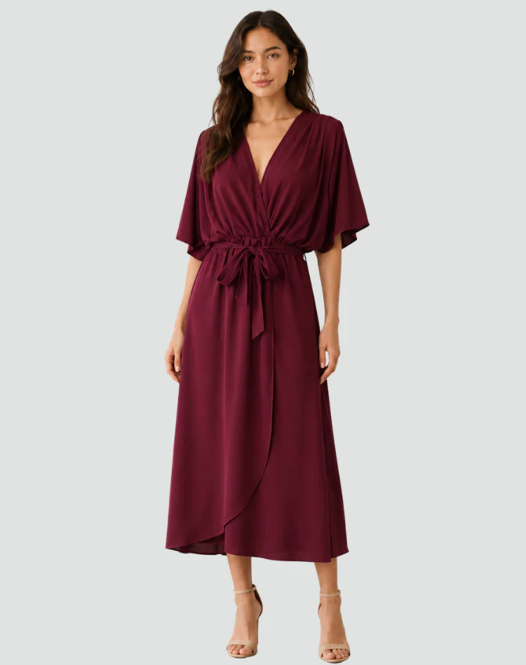Alinda | Women's Tie Waist Short Sleeve Flowy Wedding Guest Dress