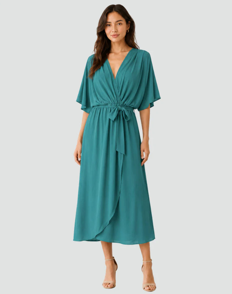 Alinda | Women's Tie Waist Short Sleeve Flowy Wedding Guest Dress
