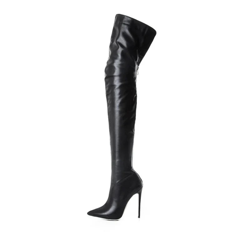 Alona | Women’s Back Zip Pointed Toe Stiletto High Knee Boots