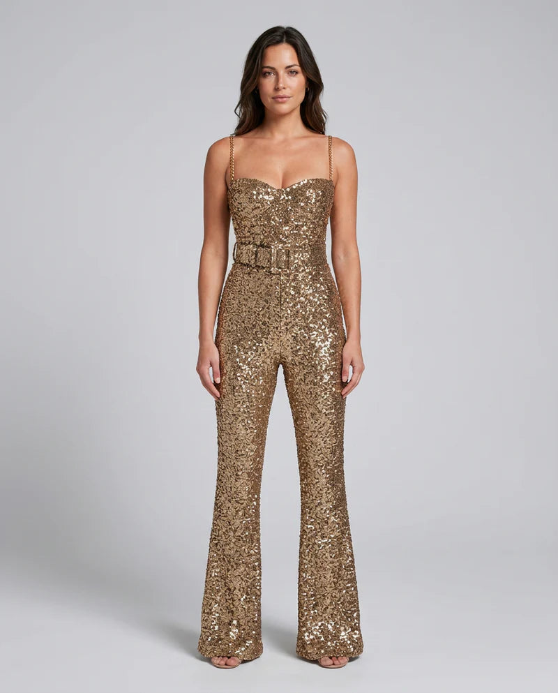 Alyanna | Women's Fitted Sequin Belted Sweatheart Neck Jumpsuit