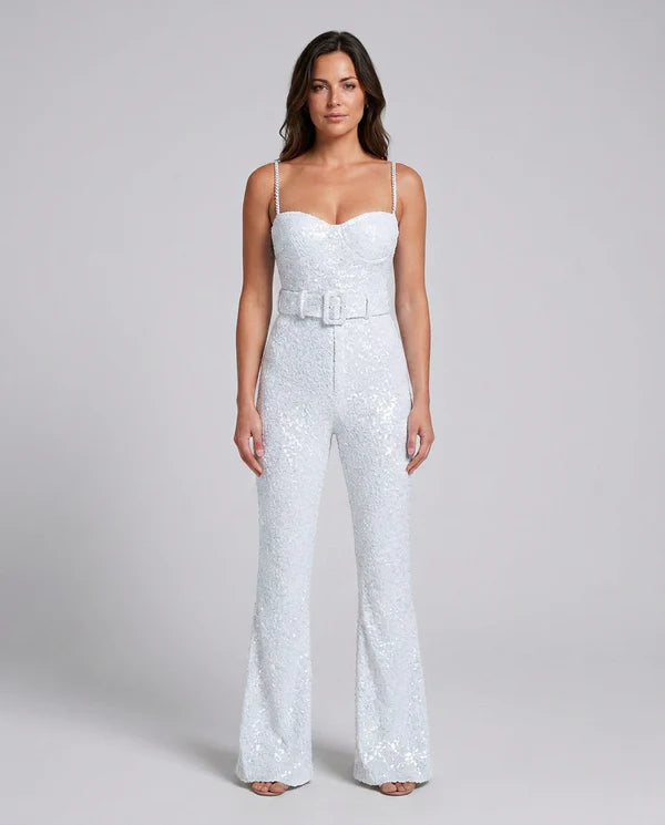 Alyanna | Women's Fitted Sequin Belted Sweatheart Neck Jumpsuit