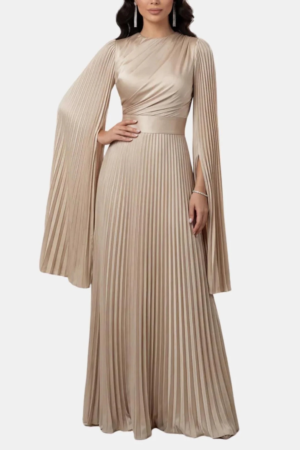 Amaka | Women’s High Neck Long Sleeve Pleated Flowy Maxi Dress
