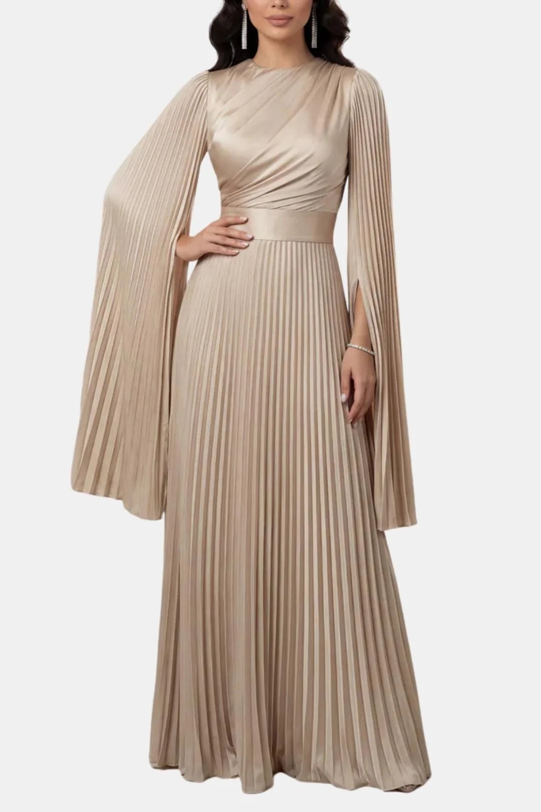 Amaka | Women’s High Neck Long Sleeve Pleated Flowy Maxi Dress