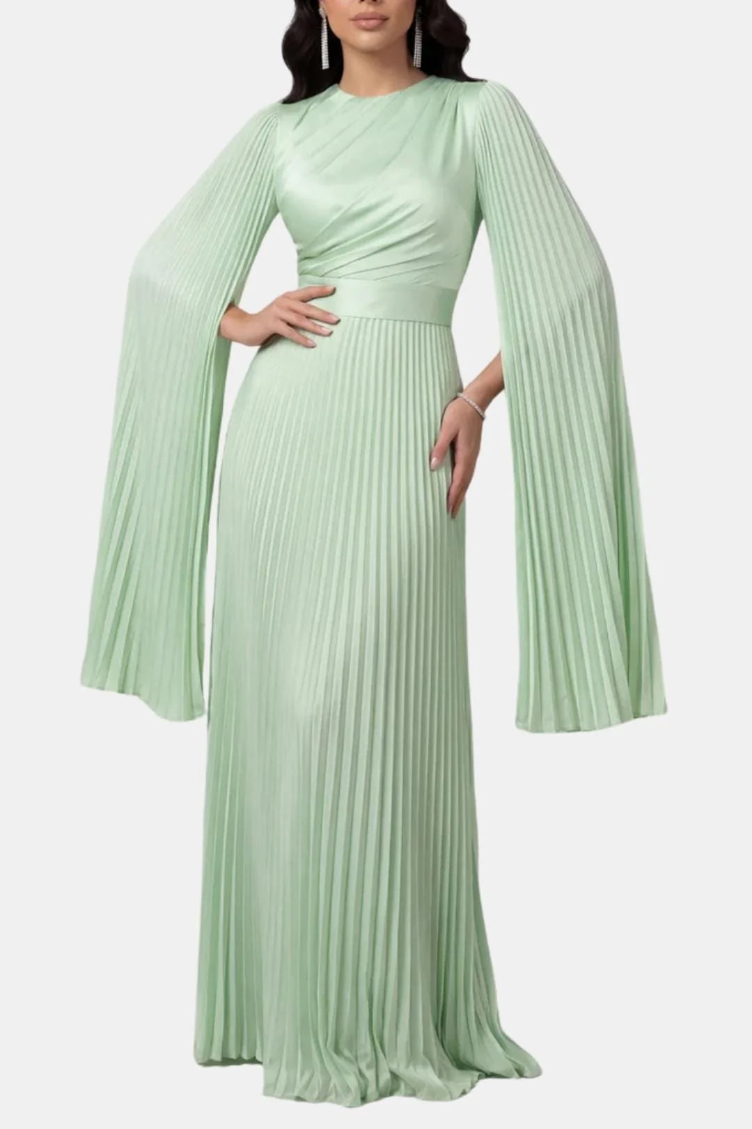 Amaka | Women’s High Neck Long Sleeve Pleated Flowy Maxi Dress